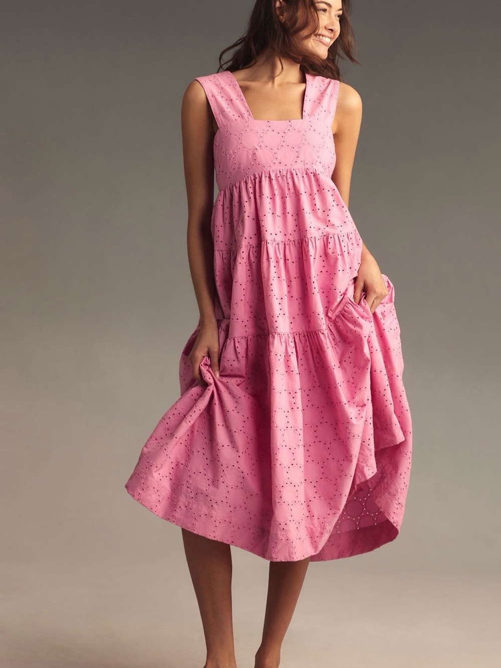 Anthropologie Pink Eyelet Tiered Midi Dress